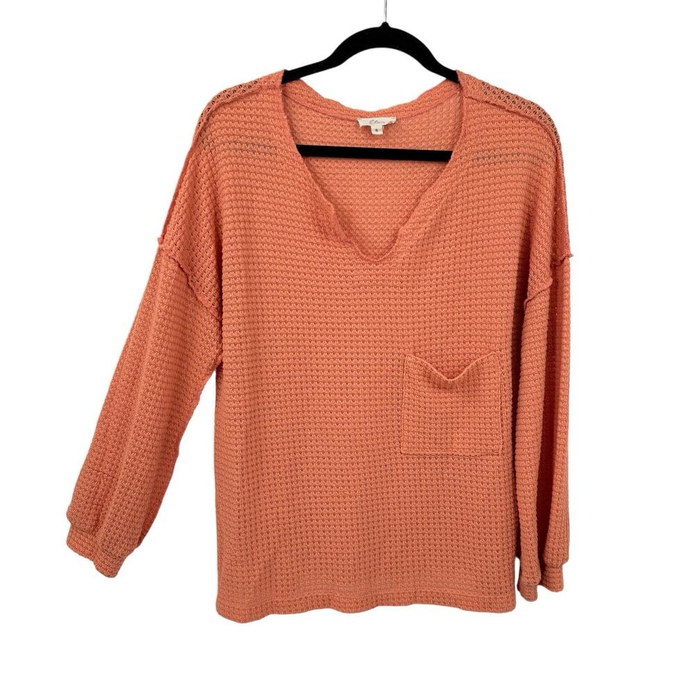 Elan Waffleknit Boyfriend Top Oversized V Neck Long Sleeve Grunge Slouchy Beach - Picture 2 of 11